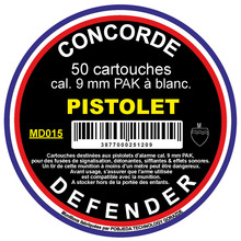 Photo MD015-Boîte de 50 cartouches 9 mm PAK à blanc pour pistolet - Concorde Defender